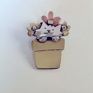 Far Fetched Cat In Flower Pot Brooch Pin